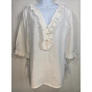 Sara Campbell Womens White Linen Tunic Top With Ruffle Accents. Size Medium